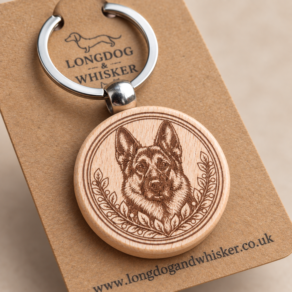 Close-up of German Shepherd portrait, leafy border, wood edge and silver-tone connector