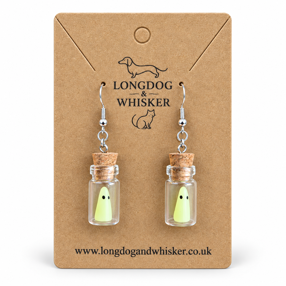 Ghost in a Bottle Earrings on the Longdog & Whisker product card