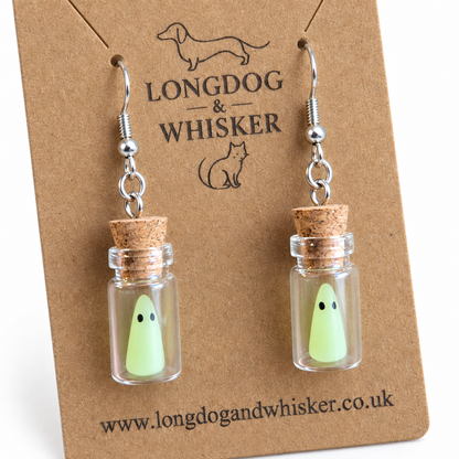 Close-up of the glow-in-the-dark Ghost in a Bottle Earrings