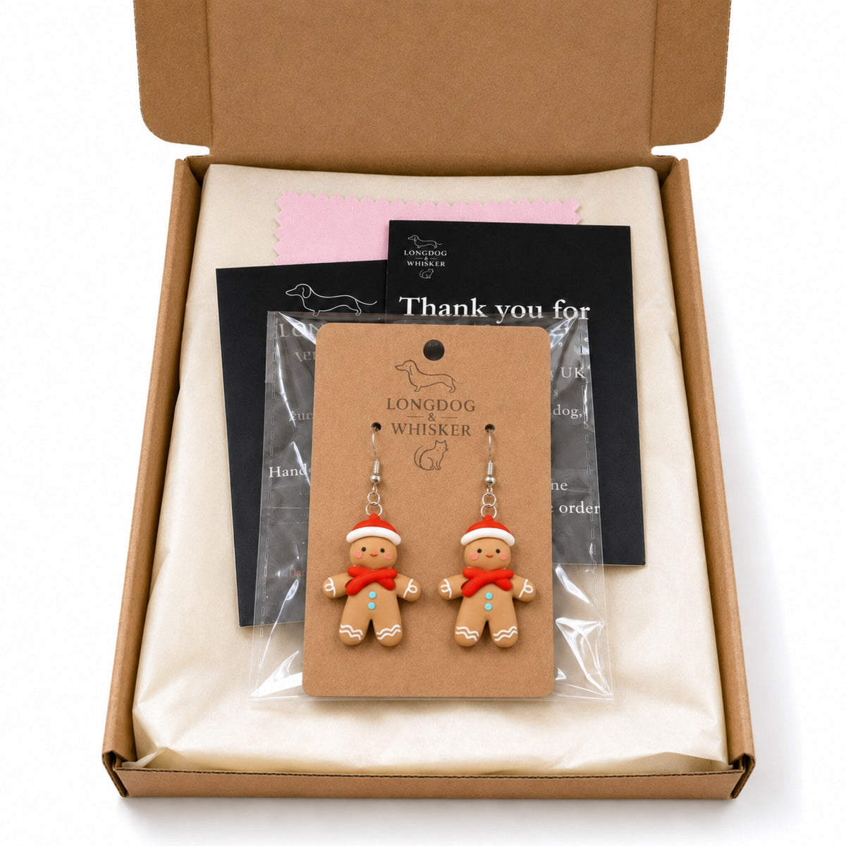 Gingerbread Earrings with Longdog & Whisker packaging