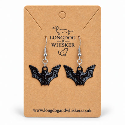 Gloss black textured bat drop earrings on a Longdog & Whisker kraft card