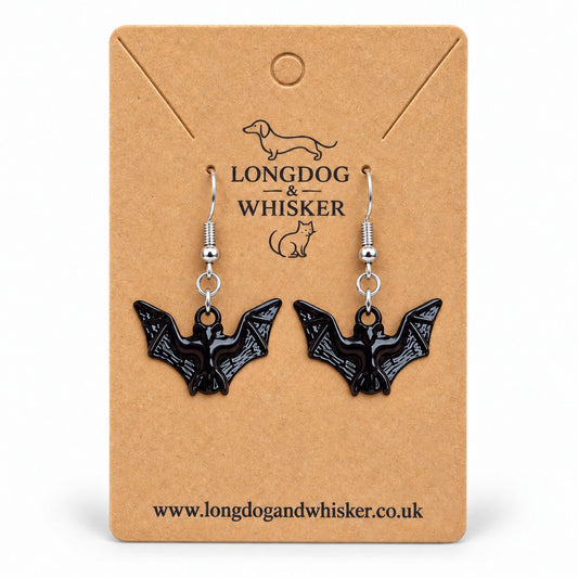 Gloss black textured bat drop earrings on a Longdog & Whisker kraft card
