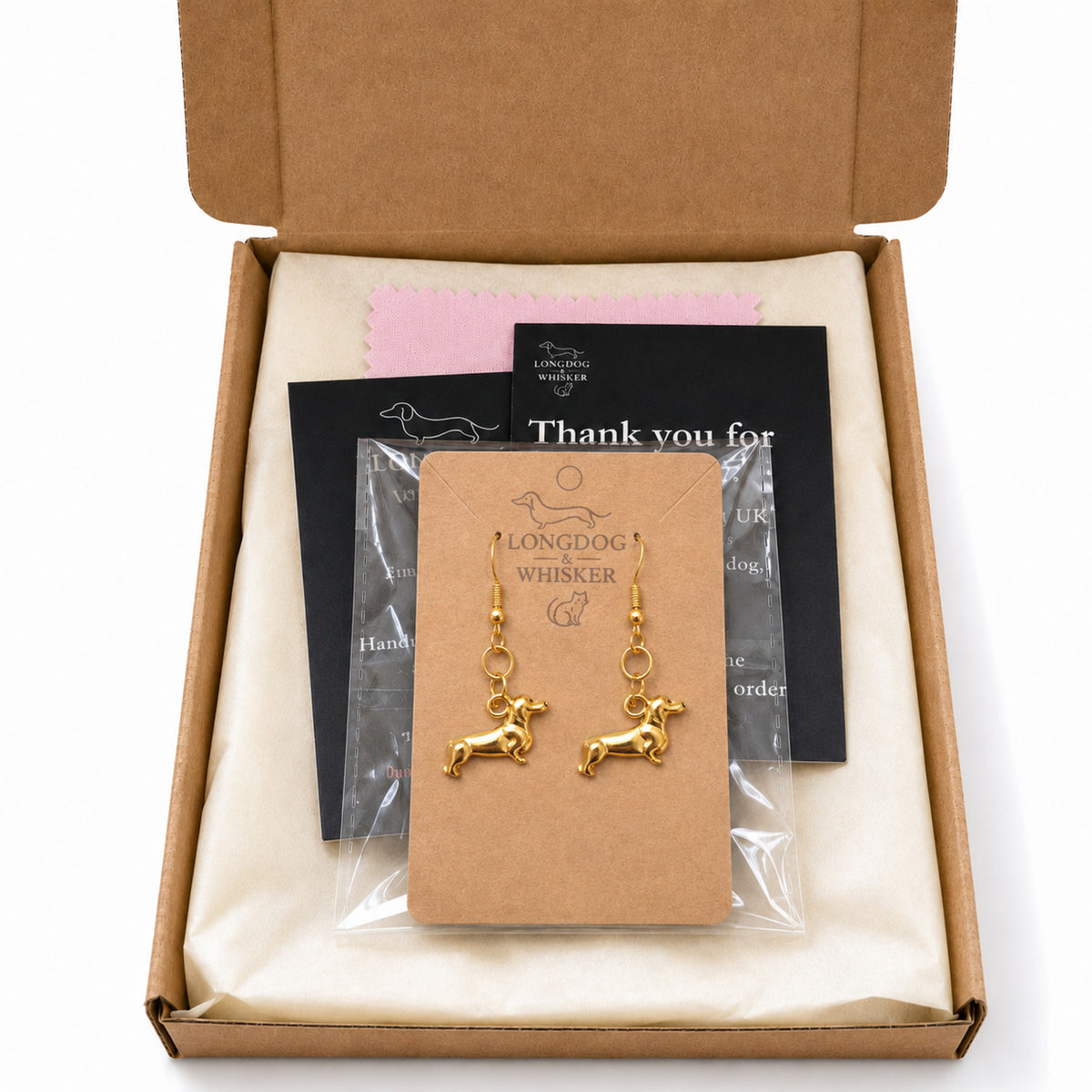 Sausage Dog Earrings - Gold with Longdog & Whisker packaging