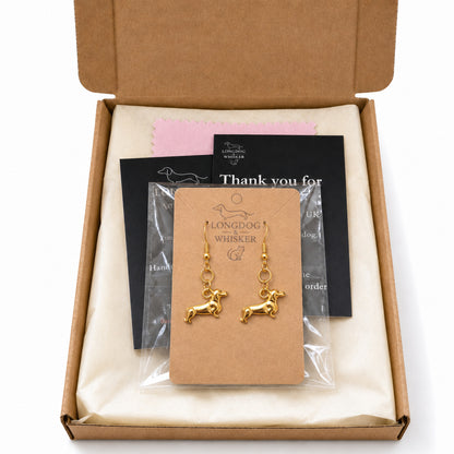 Sausage Dog Earrings - Gold with Longdog & Whisker packaging