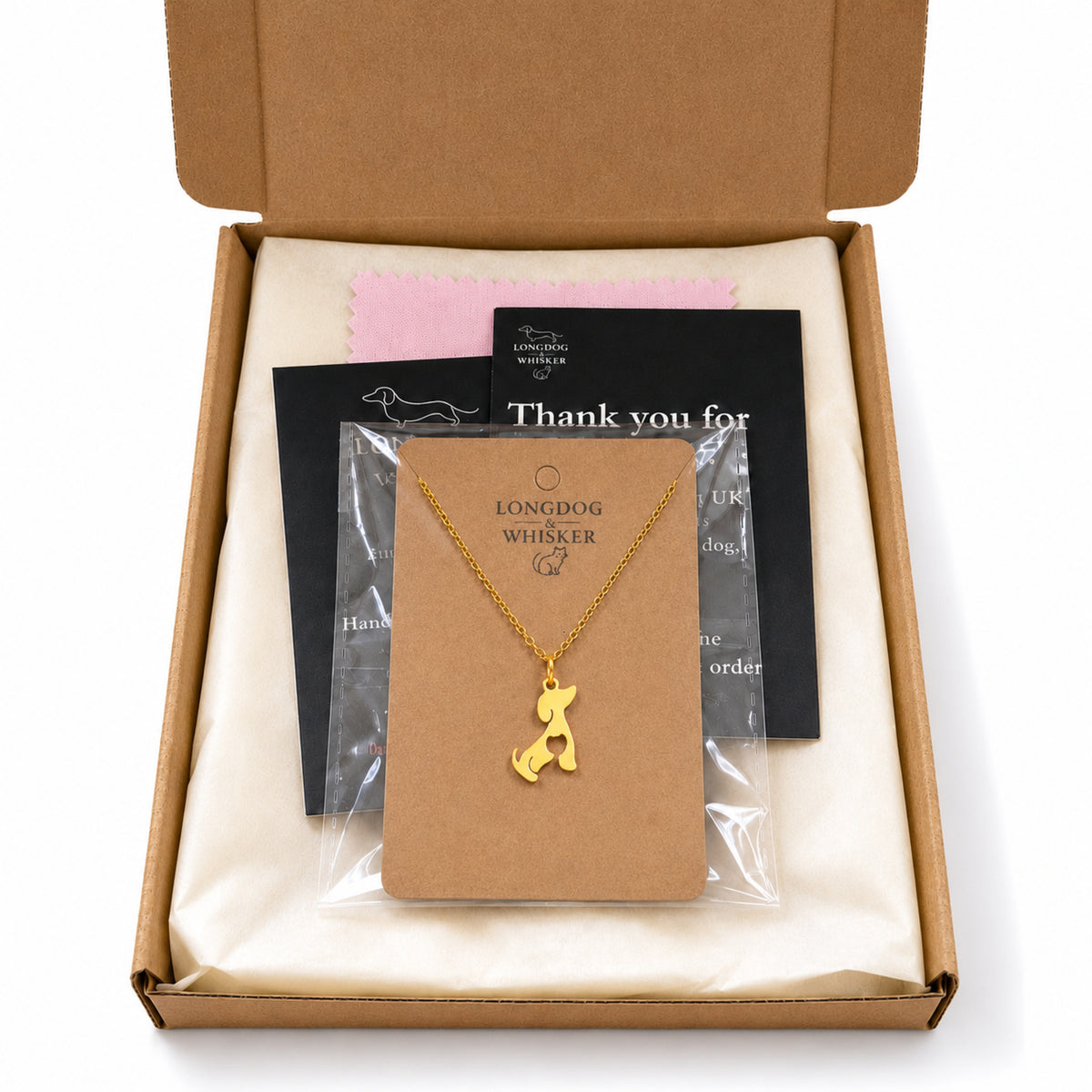 Cat At Heart Dog Necklace - Gold with Longdog & Whisker packaging