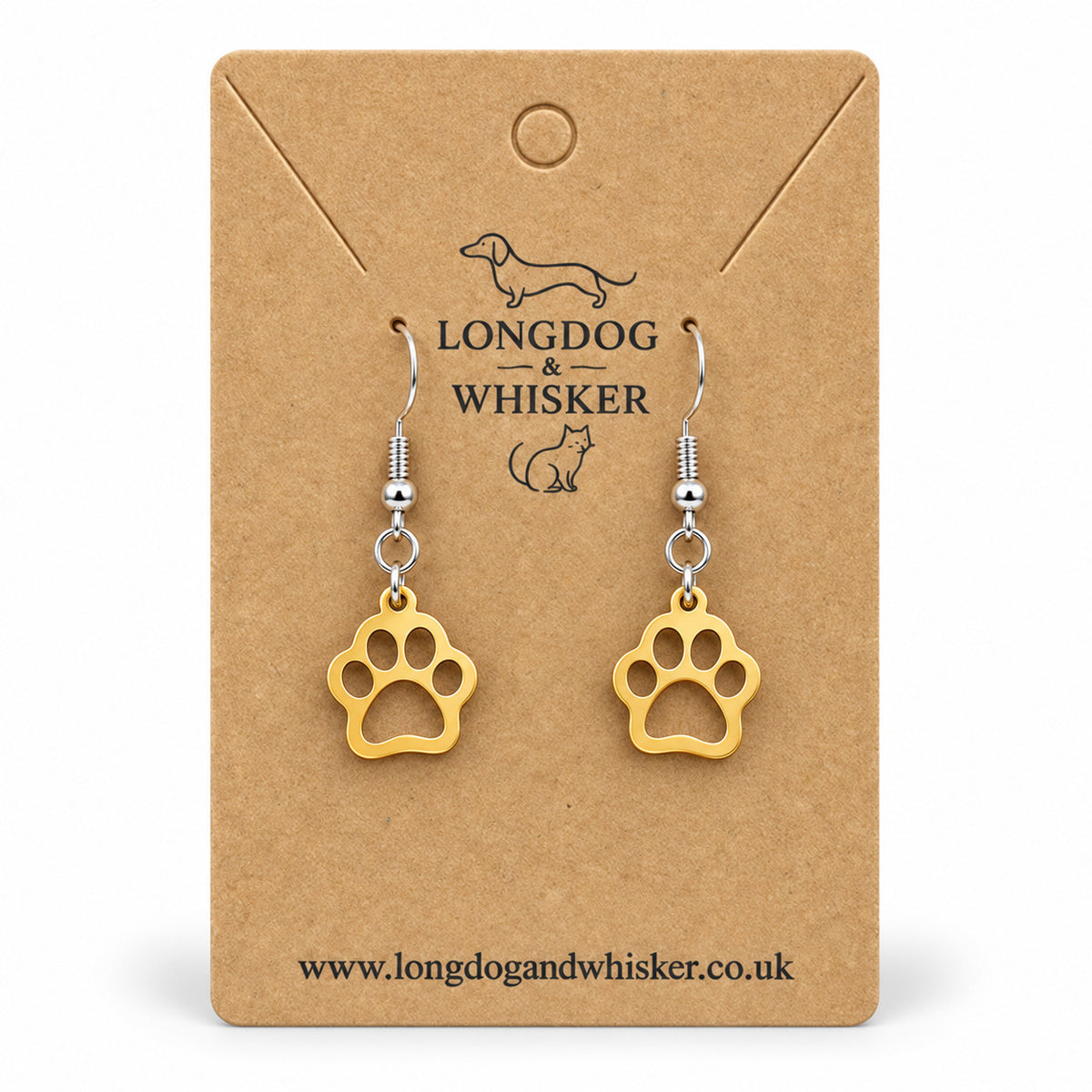 Gold openwork paw print drop earrings on Longdog & Whisker kraft card