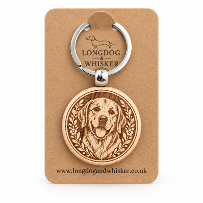 Golden Labrador wooden keyring on a Longdog & Whisker product card