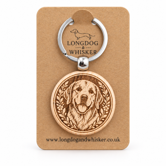 Golden Labrador wooden keyring on a Longdog & Whisker product card