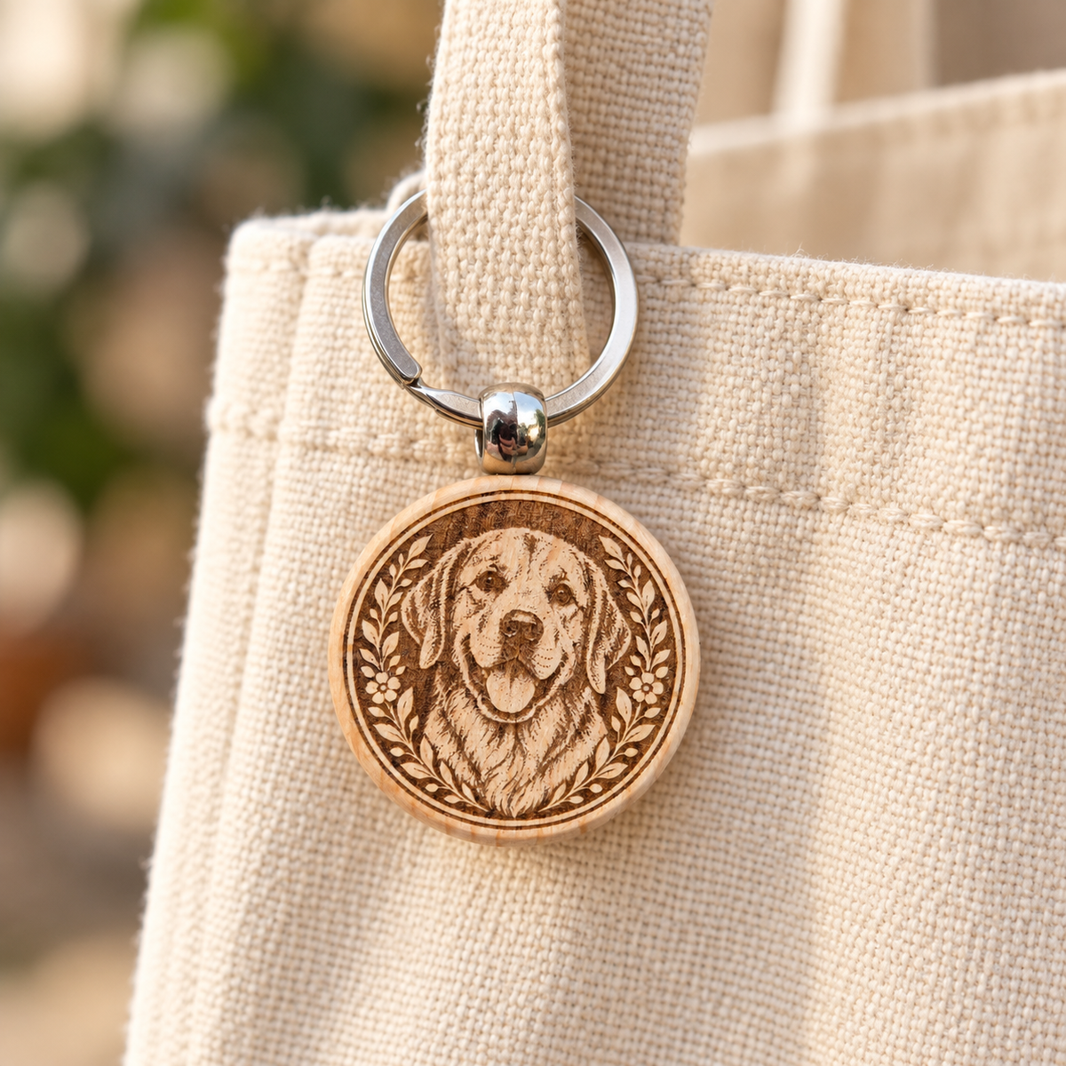 Golden Labrador wooden keyring attached to a cream canvas tote bag