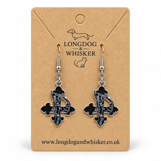 Gothic Scythe Cross Drop Earrings on a Longdog & Whisker card