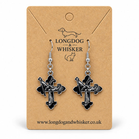 Gothic Sword Cross Drop Earrings on a Longdog & Whisker card