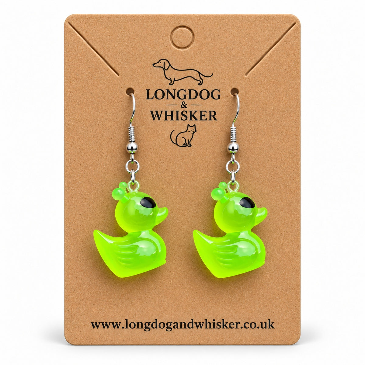 Translucent Green Alien Duck Earrings on a Longdog & Whisker kraft display card