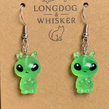 Close up detail of Little Green Alien Earrings