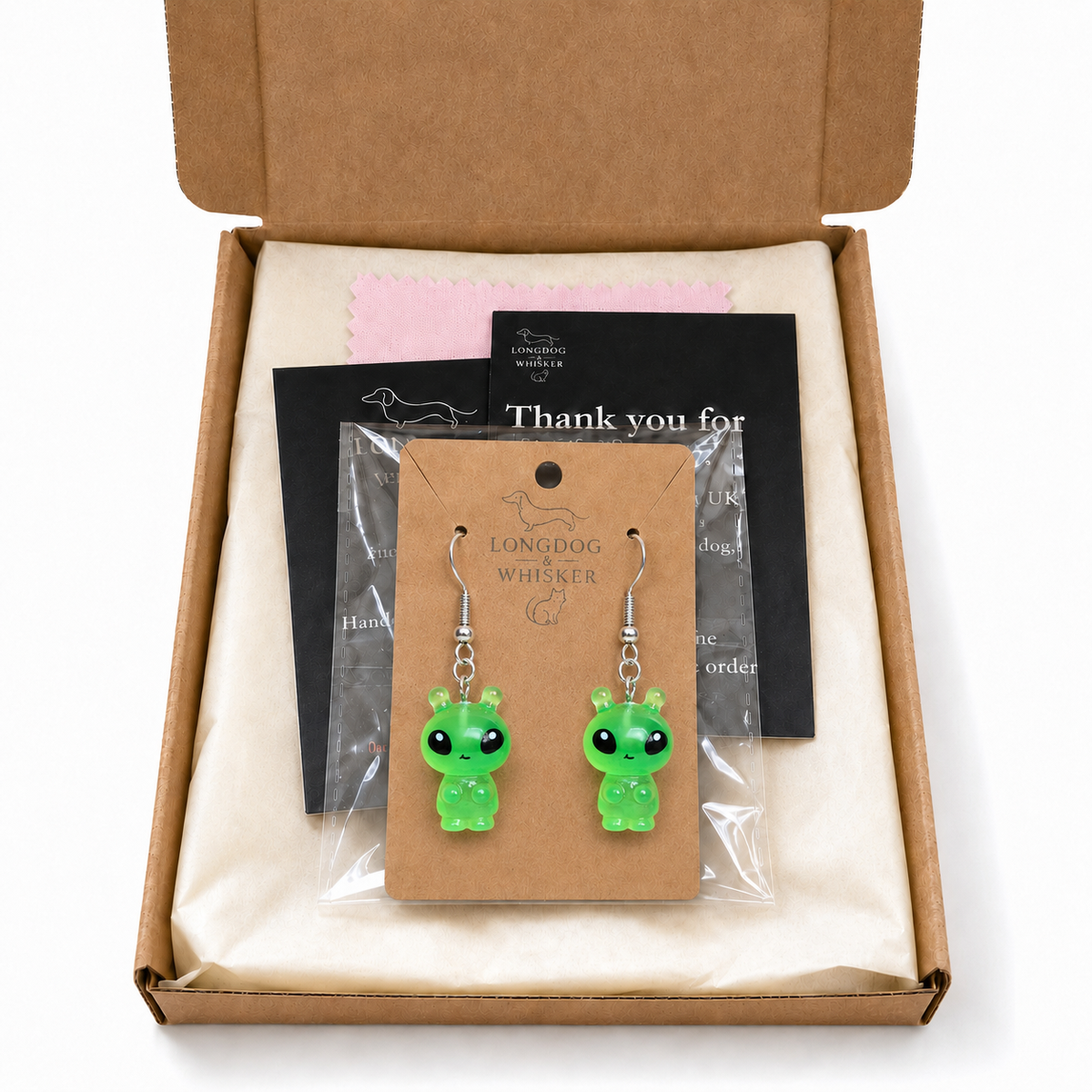 Little Green Alien Earrings in Longdog & Whisker gift packaging