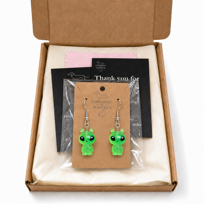 Little Green Alien Earrings in Longdog & Whisker gift packaging