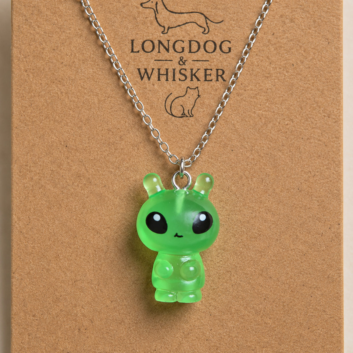 Close up detail of Little Green Alien Necklace