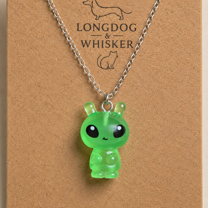 Close up detail of Little Green Alien Necklace