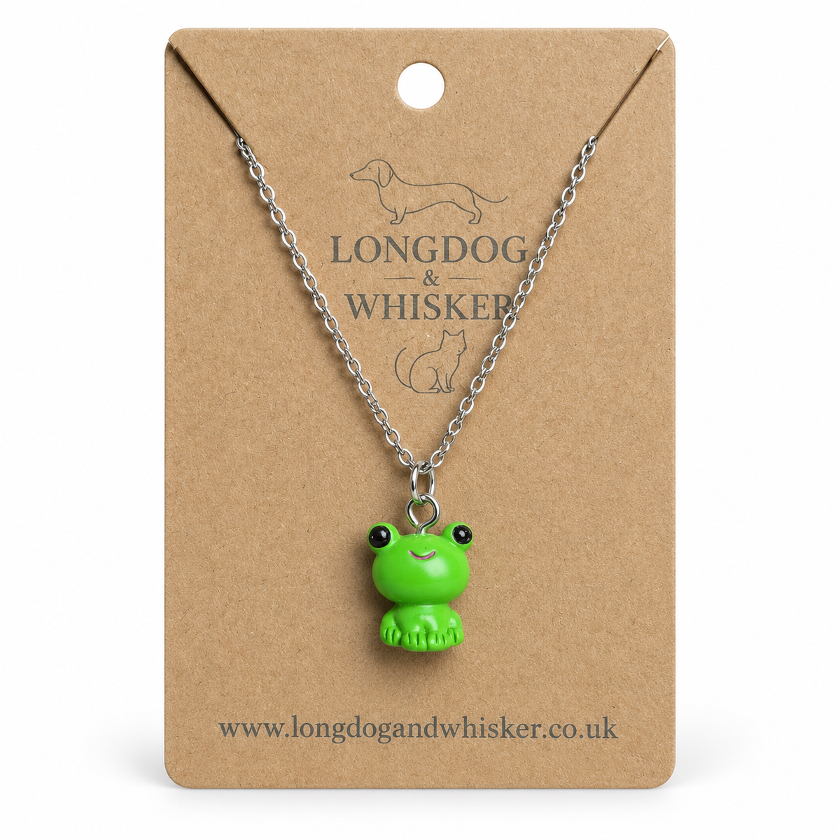 Green Frog Necklace Silver Chain on Longdog & Whisker product card