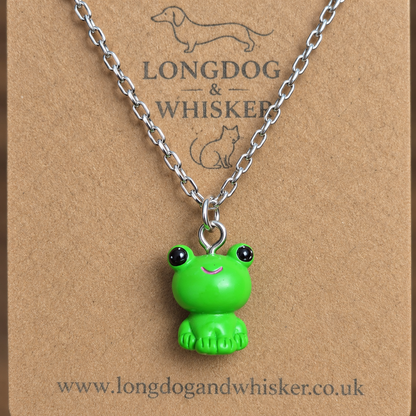Close-up detail of Green Frog Necklace Silver Chain