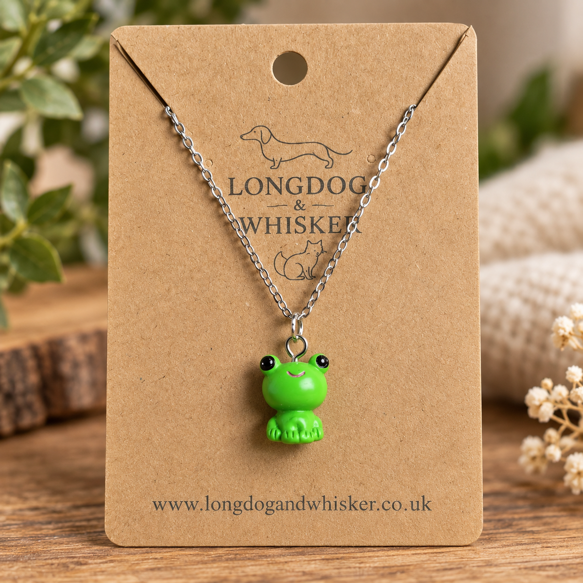 Green Frog Necklace Silver Chain in Longdog & Whisker gift packaging