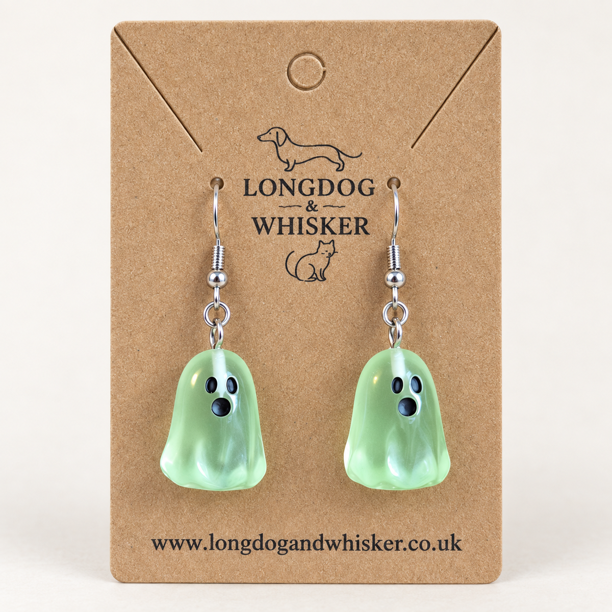 Green Ghost Earrings on Longdog & Whisker packaging card