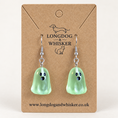Green Ghost Earrings on Longdog & Whisker packaging card