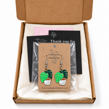 Green Monstera Earrings in Longdog & Whisker gift-ready packaging