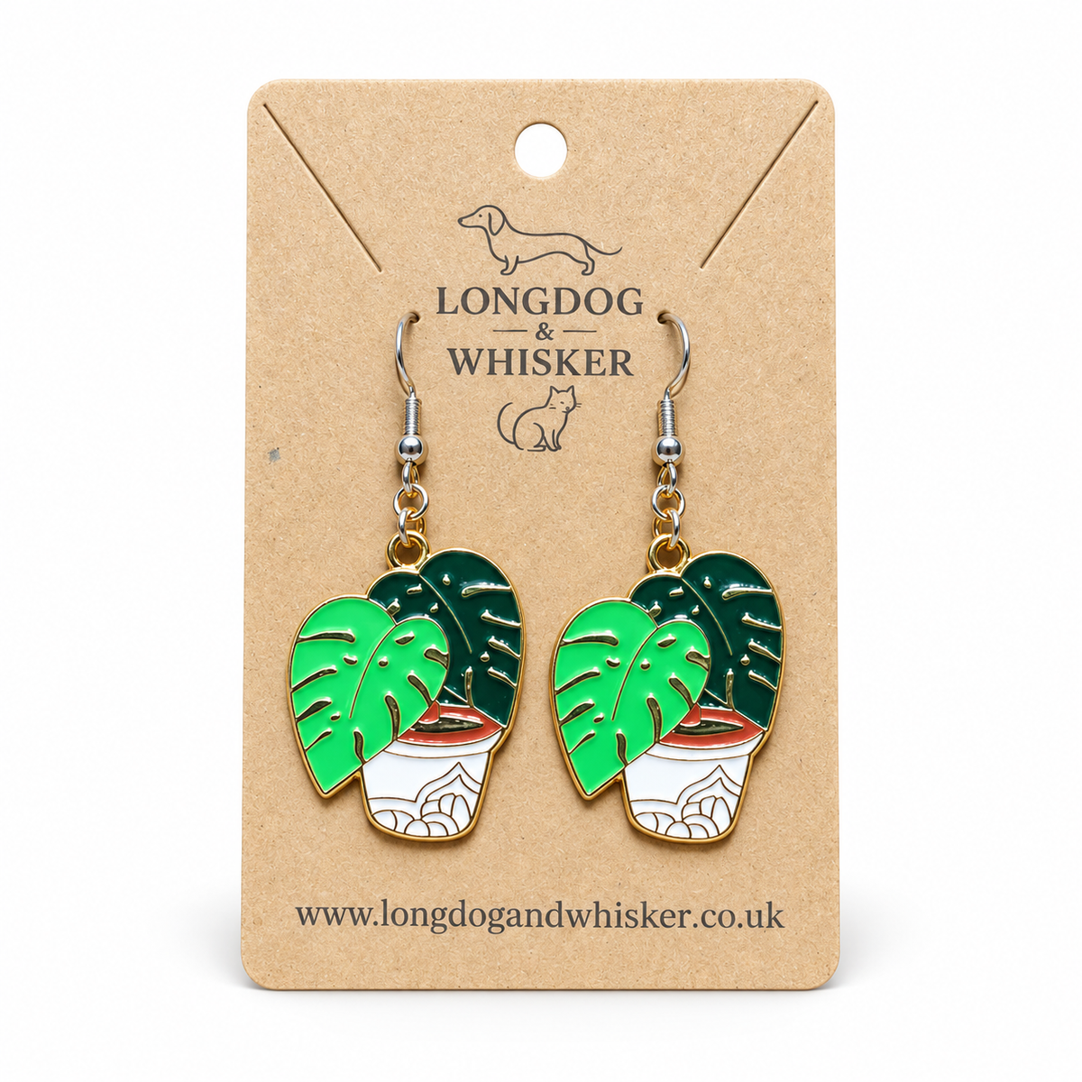 Green Monstera Earrings on Longdog & Whisker display card with silver hooks