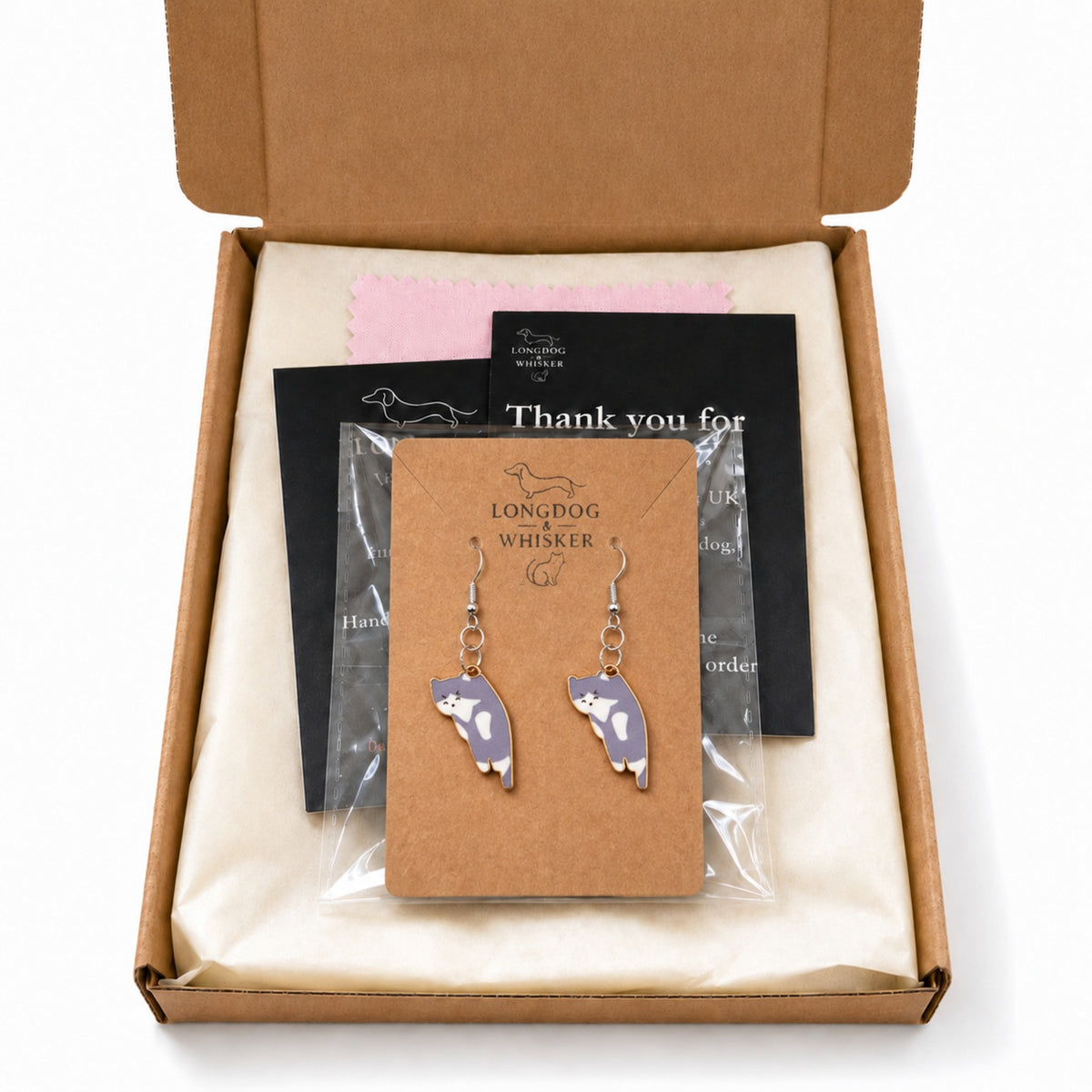 Scruffles Cat Earrings - Grey with Longdog & Whisker packaging