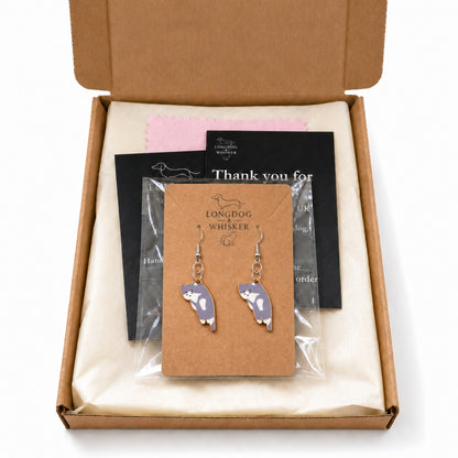Scruffles Cat Earrings - Grey with Longdog & Whisker packaging