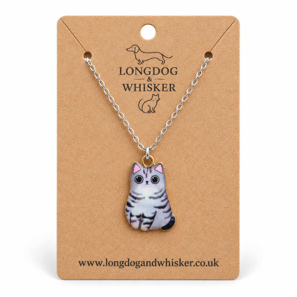 Grey Tabby Chonky Cat Necklace on a silver-tone chain displayed on a Longdog & Whisker kraft card
