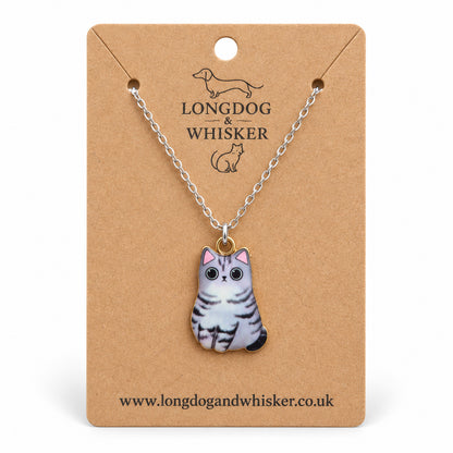 Grey Tabby Chonky Cat Necklace on a silver-tone chain displayed on a Longdog & Whisker kraft card