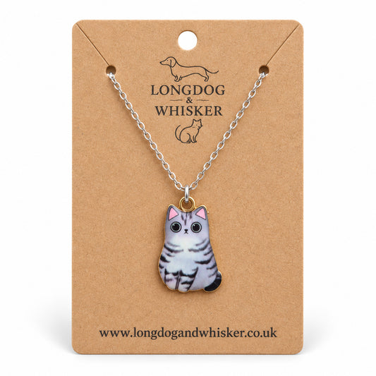 Grey Tabby Chonky Cat Necklace on a silver-tone chain displayed on a Longdog & Whisker kraft card