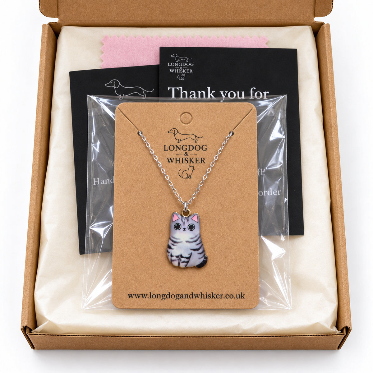 Grey Tabby Chonky Cat Necklace in gift-ready Longdog & Whisker packaging