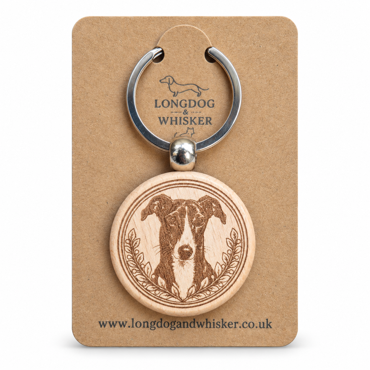 Greyhound wooden keyring with leafy portrait frame on Longdog & Whisker kraft card