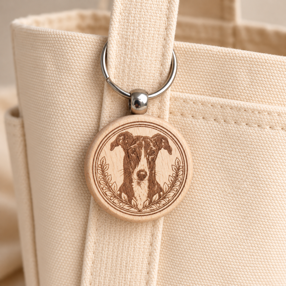 Greyhound wooden keyring attached to a cream canvas tote handle