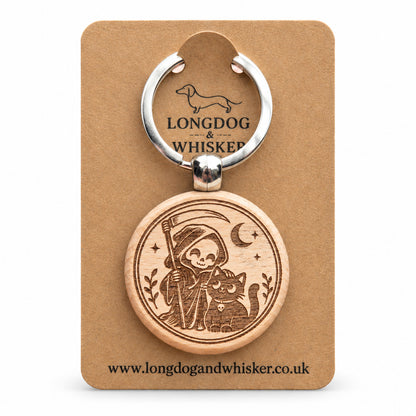 Grim Reaper and black cat engraved wooden keyring on Longdog and Whisker card
