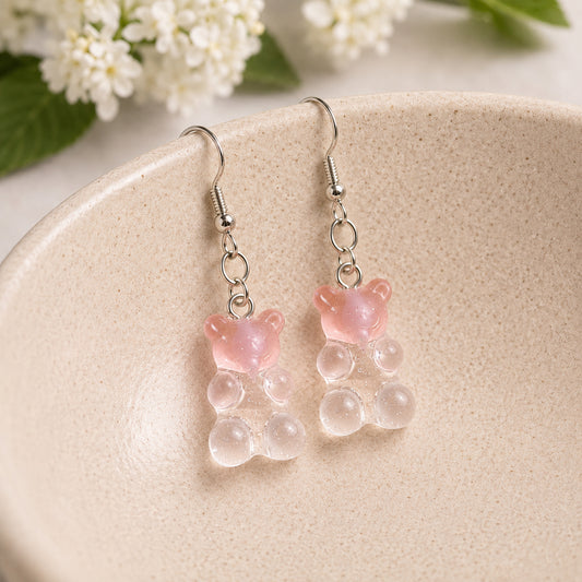 Gummy Bear Earrings - Pink Clear displayed in a lifestyle product photo