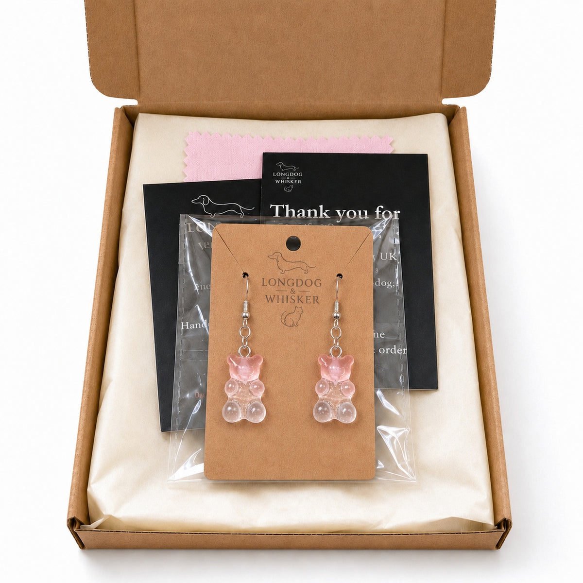 Gummy Bear Earrings - Pink Clear with Longdog & Whisker packaging