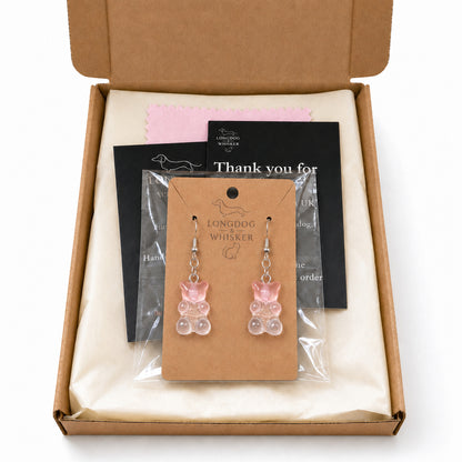 Gummy Bear Earrings - Pink Clear with Longdog & Whisker packaging