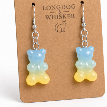 Close-up detail of Gummy Bear Earrings - Pale Blue / Yellow