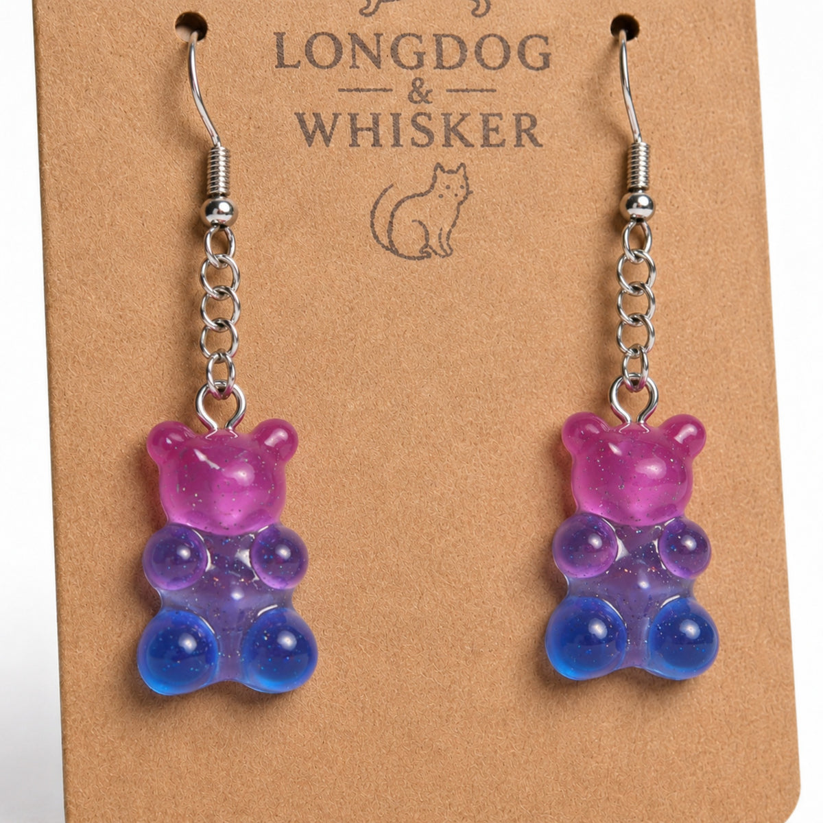 Close-up detail of Gummy Bear Earrings - Pink / Clear Blue