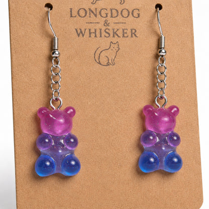 Close-up detail of Gummy Bear Earrings - Pink / Clear Blue