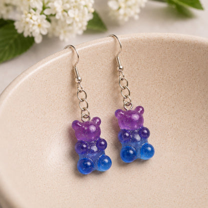 Gummy Bear Earrings - Purple / Pale Blue displayed in a lifestyle product photo