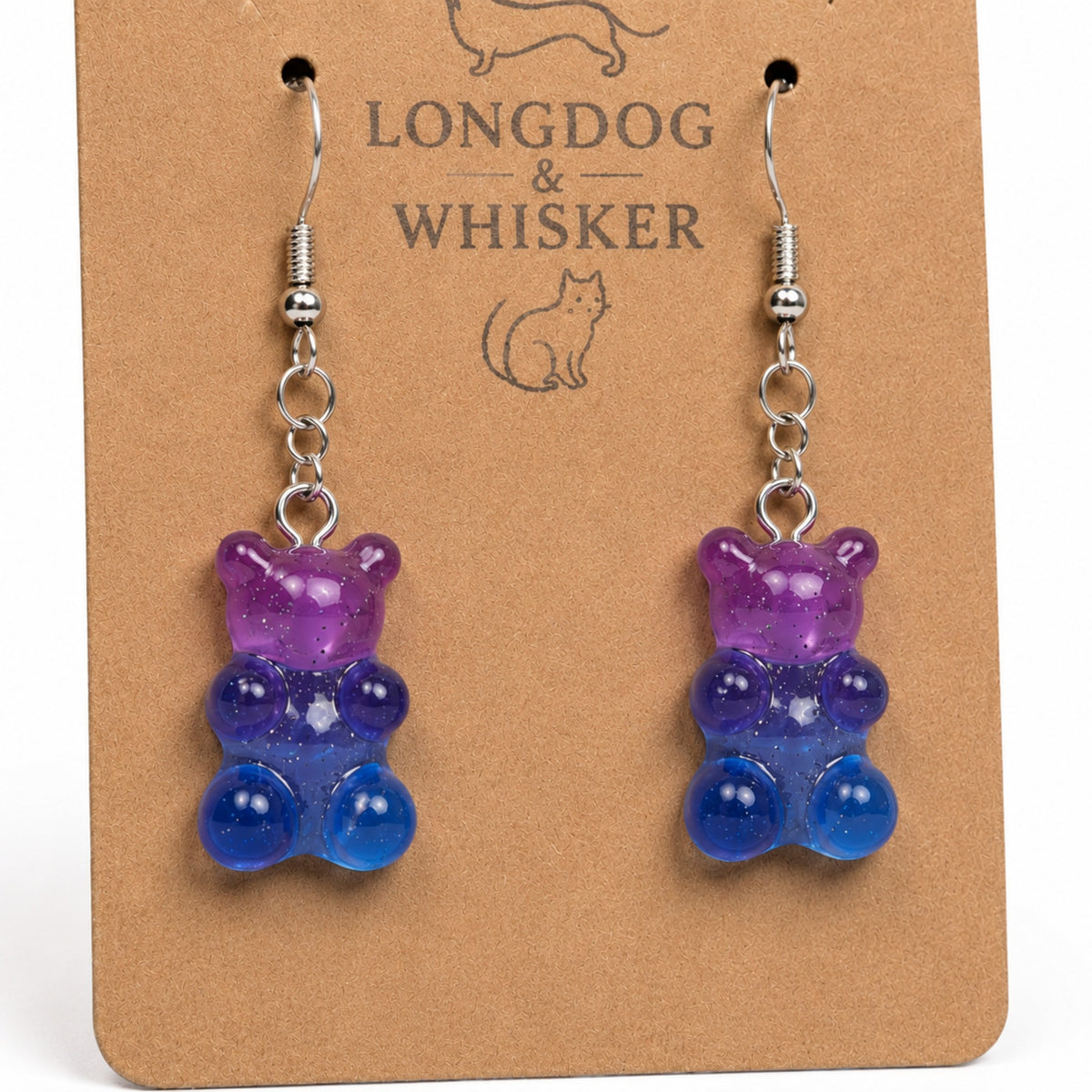 Close-up detail of Gummy Bear Earrings - Purple / Pale Blue