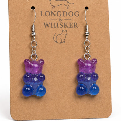 Close-up detail of Gummy Bear Earrings - Purple / Pale Blue