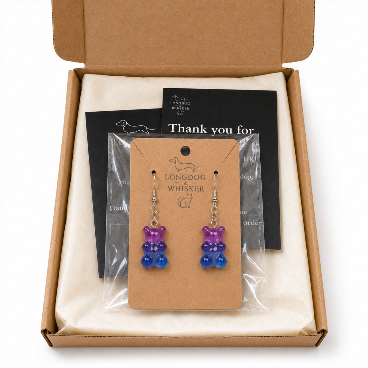 Gummy Bear Earrings - Purple / Pale Blue with Longdog & Whisker packaging