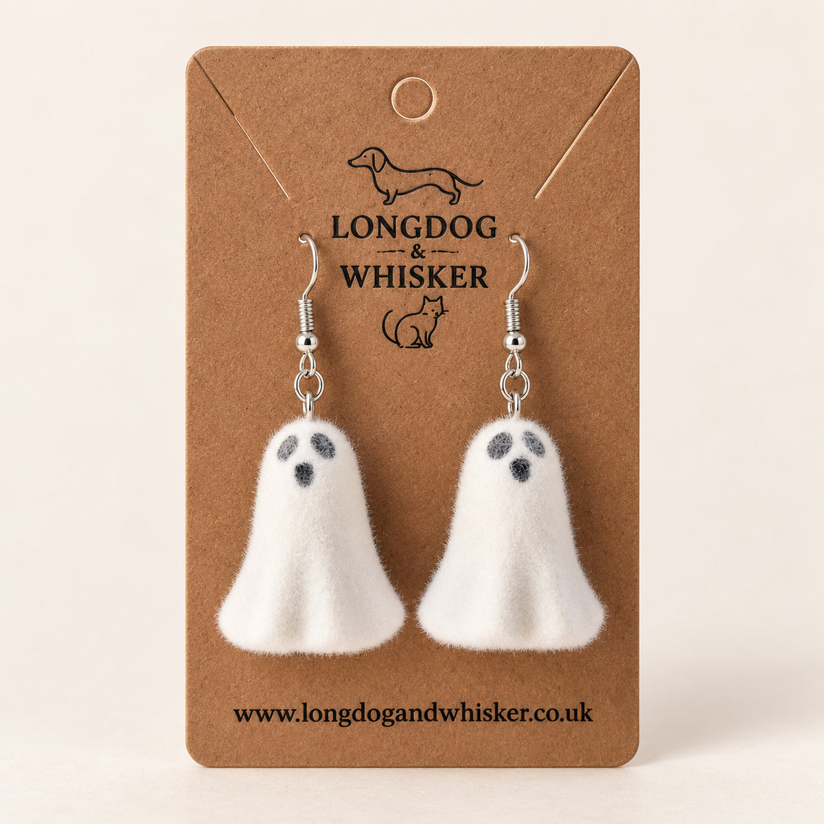 Happy Ghost Earrings on a Longdog & Whisker kraft product card