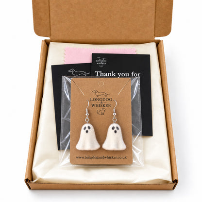 Happy Ghost Earrings packed in a Longdog & Whisker gift box