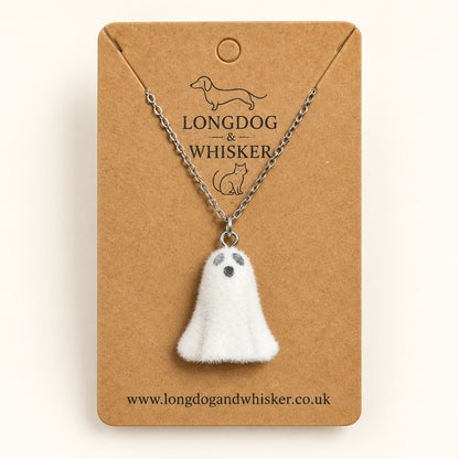 Happy Ghost Necklace on a Longdog & Whisker kraft product card